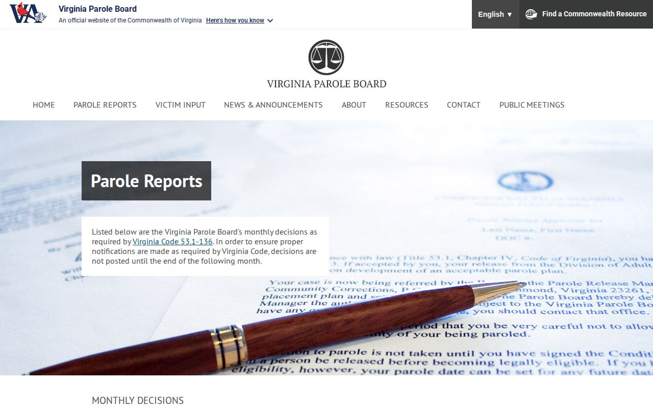Virginia Parole Board decisions for Washington County parole verification