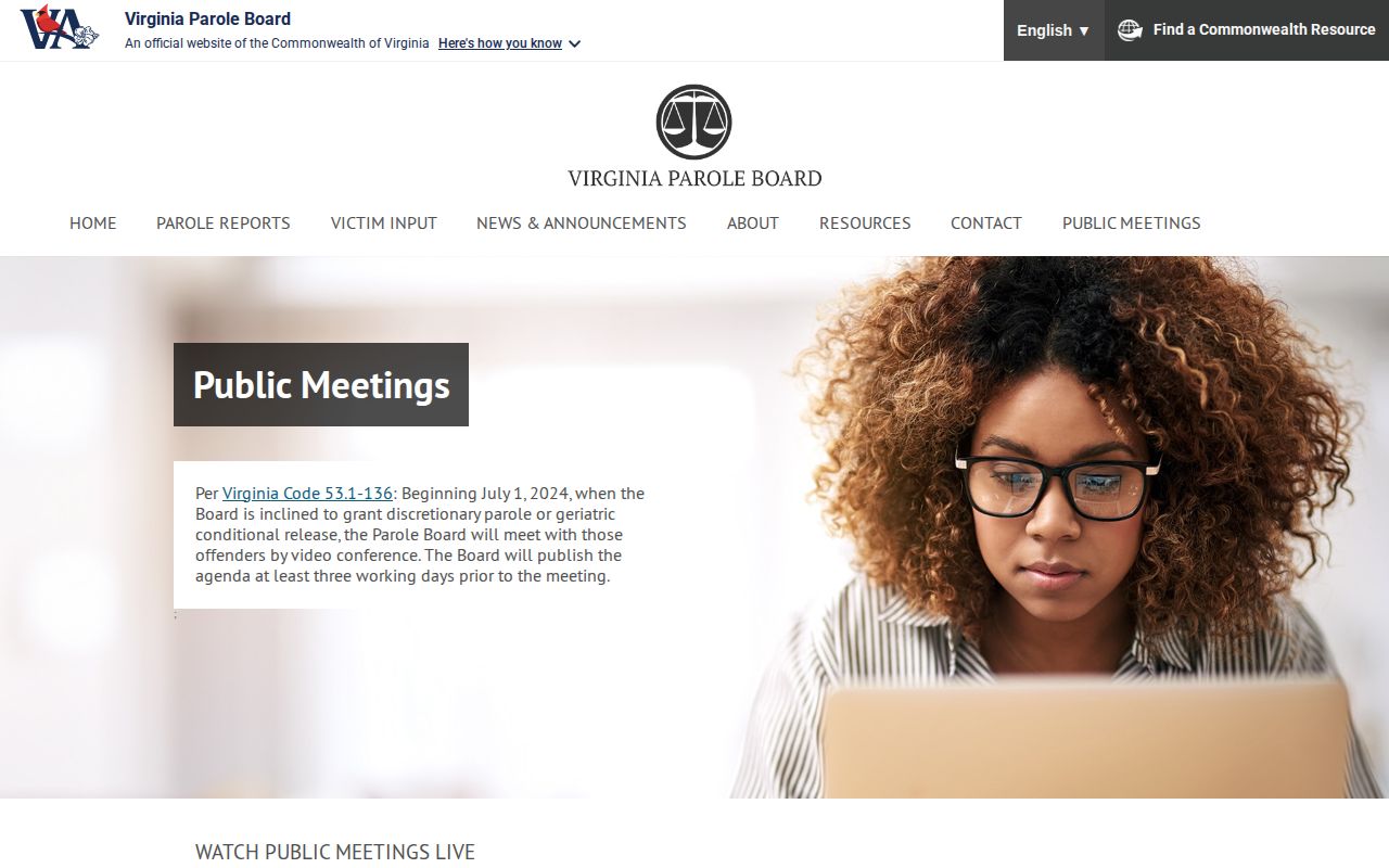 Virginia Parole Board public meeting calendar distinguished from Washington County parole hearings